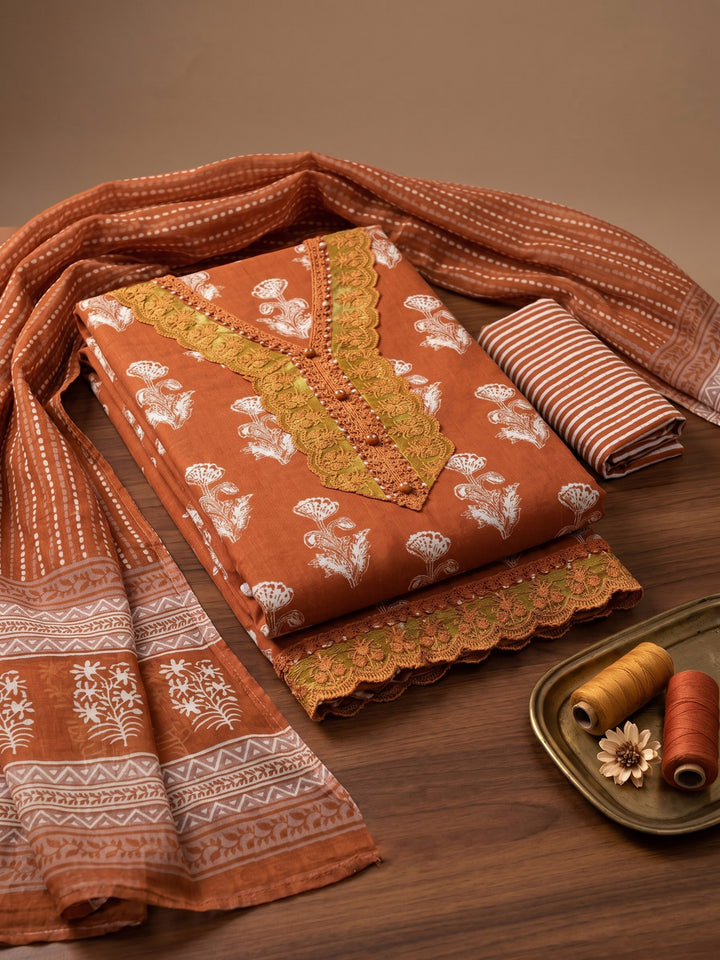 Rust Printed Cotton Blend Unstitched Suit &amp; Pant With Cotton Dupatta
