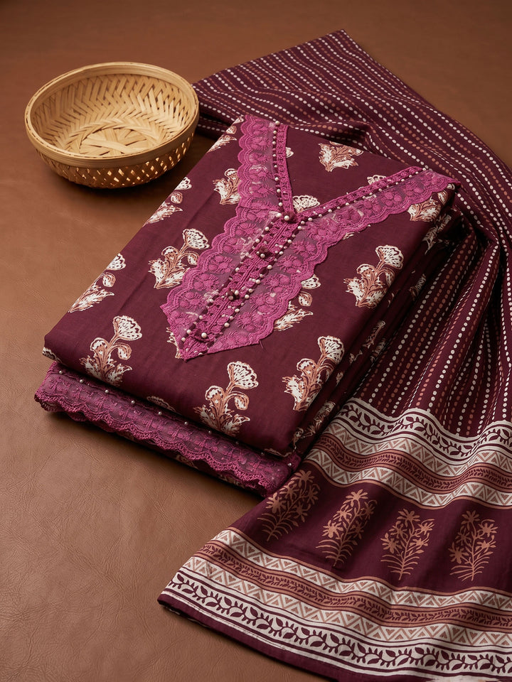 Wine Printed Cotton Blend Unstitched Suit &amp; Pant With Cotton Dupatta