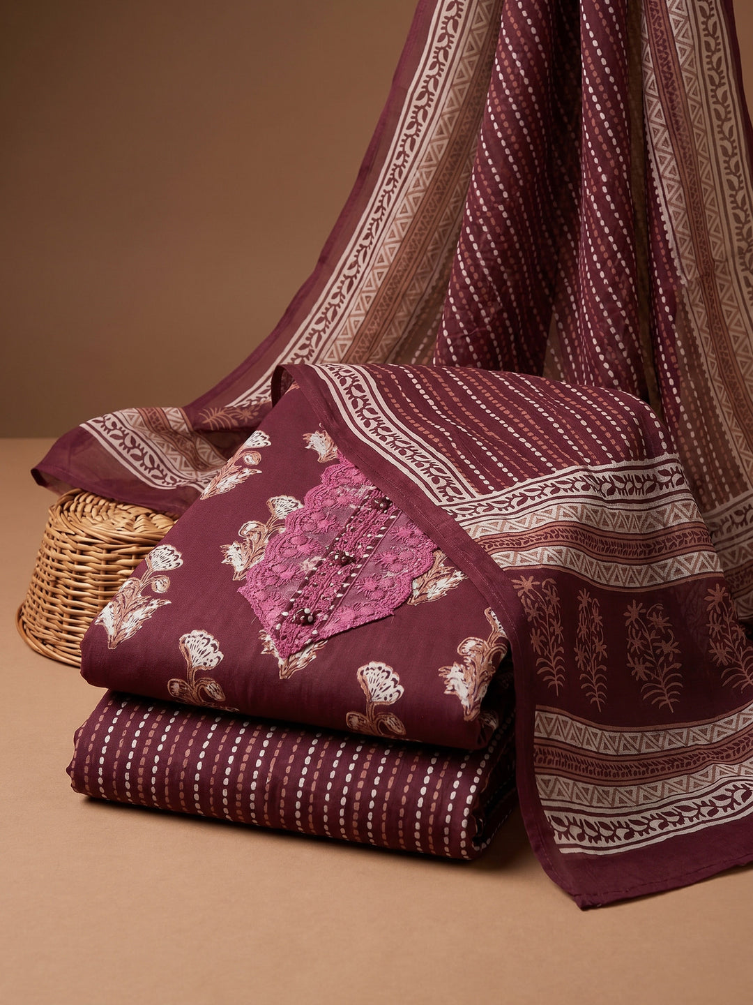 Wine Printed Cotton Blend Unstitched Suit &amp; Pant With Cotton Dupatta