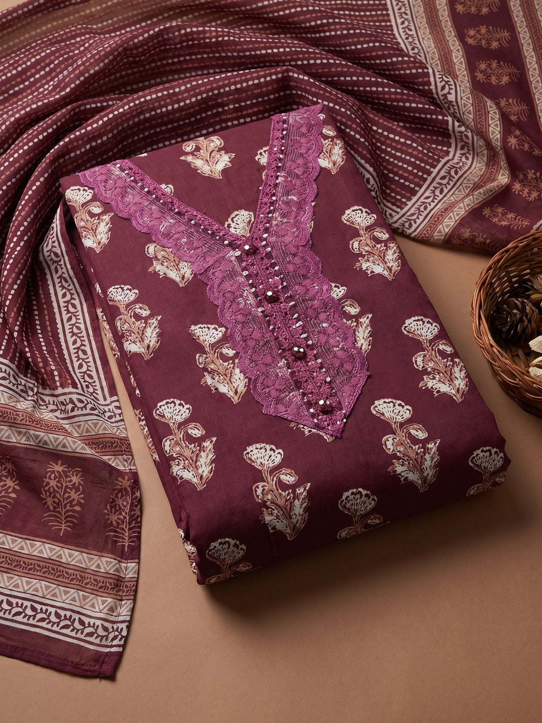 Wine Printed Cotton Blend Unstitched Suit &amp; Pant With Cotton Dupatta