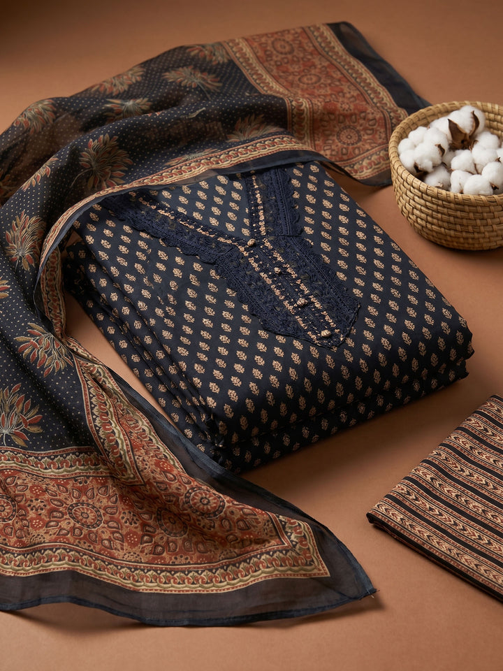 Black Printed Cotton Blend Unstitched Suit &amp; Pant With Cotton Dupatta