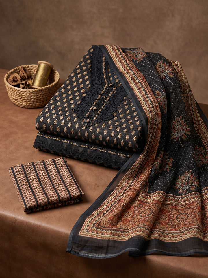 Black Printed Cotton Blend Unstitched Suit &amp; Pant With Cotton Dupatta