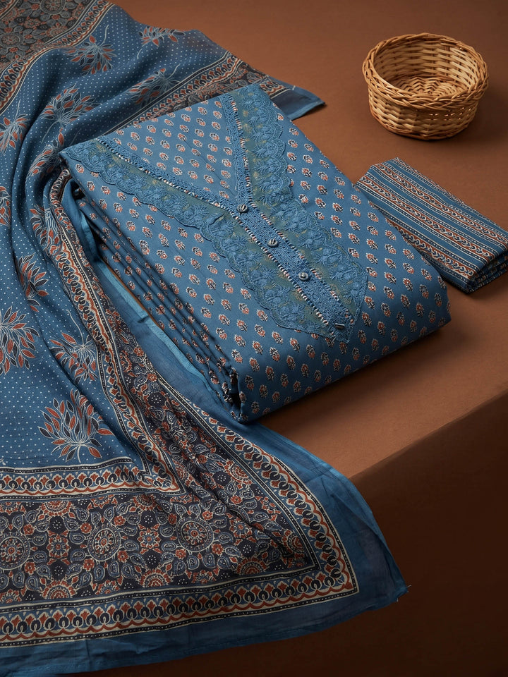 Blue Printed Cotton Blend Unstitched Suit &amp; Pant With Cotton Dupatta