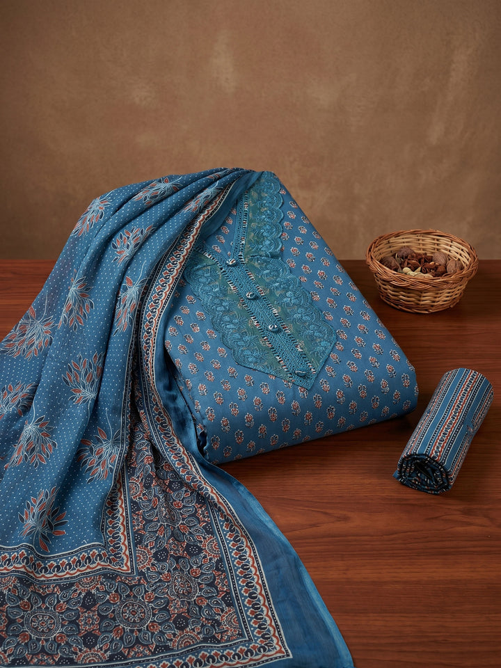 Blue Printed Cotton Blend Unstitched Suit &amp; Pant With Cotton Dupatta