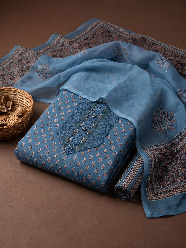 Blue Printed Cotton Blend Unstitched Suit &amp; Pant With Cotton Dupatta