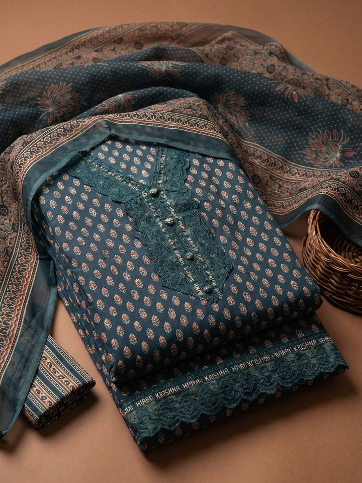 Green Printed Cotton Blend Unstitched Suit &amp; Pant With Cotton Dupatta