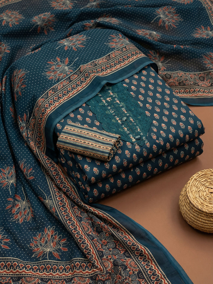 Green Printed Cotton Blend Unstitched Suit &amp; Pant With Cotton Dupatta