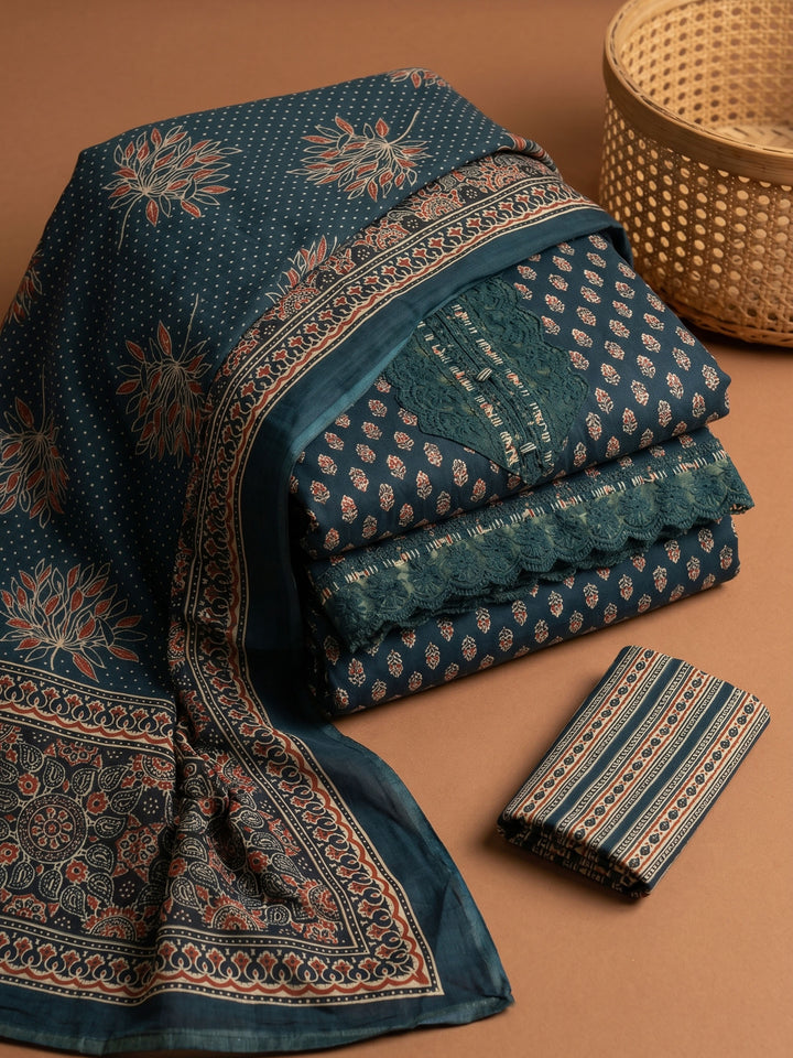 Green Printed Cotton Blend Unstitched Suit &amp; Pant With Cotton Dupatta
