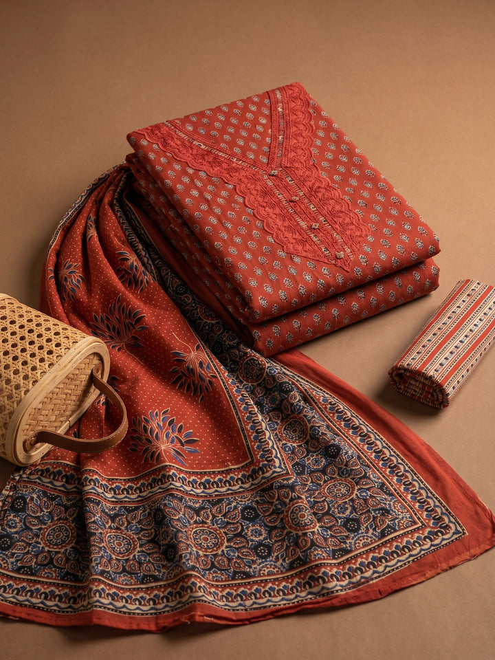 Red Printed Cotton Blend Unstitched Suit &amp; Pant With Cotton Dupatta