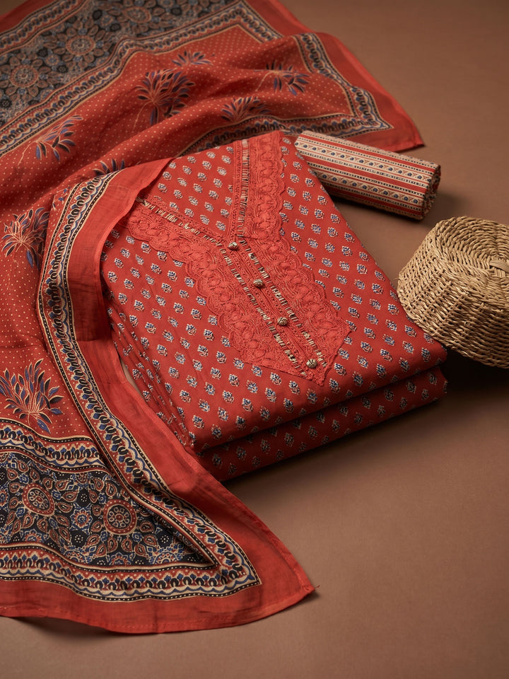 Red Printed Cotton Blend Unstitched Suit &amp; Pant With Cotton Dupatta