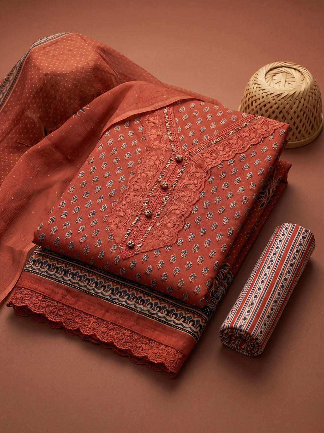 Red Printed Cotton Blend Unstitched Suit &amp; Pant With Cotton Dupatta