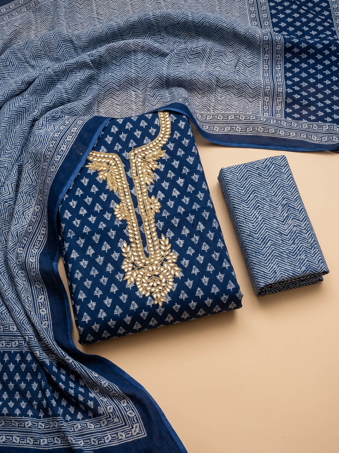 Blue Embroidered Chanderi Unstitched Suit &amp; Pant With Chanderi Dupatta