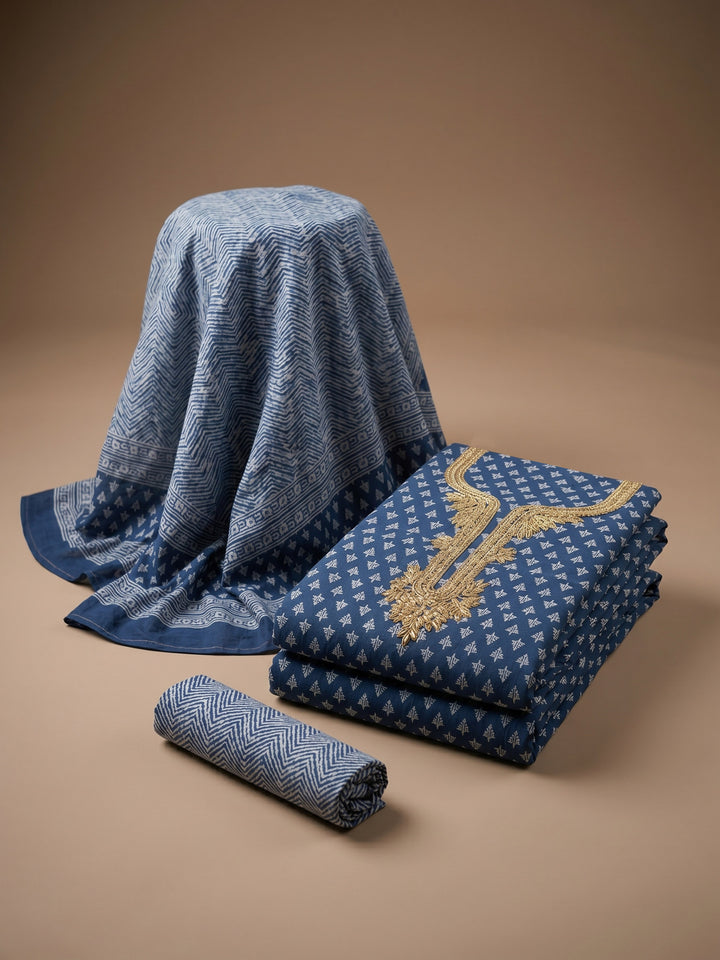 Blue Embroidered Chanderi Unstitched Suit &amp; Pant With Chanderi Dupatta