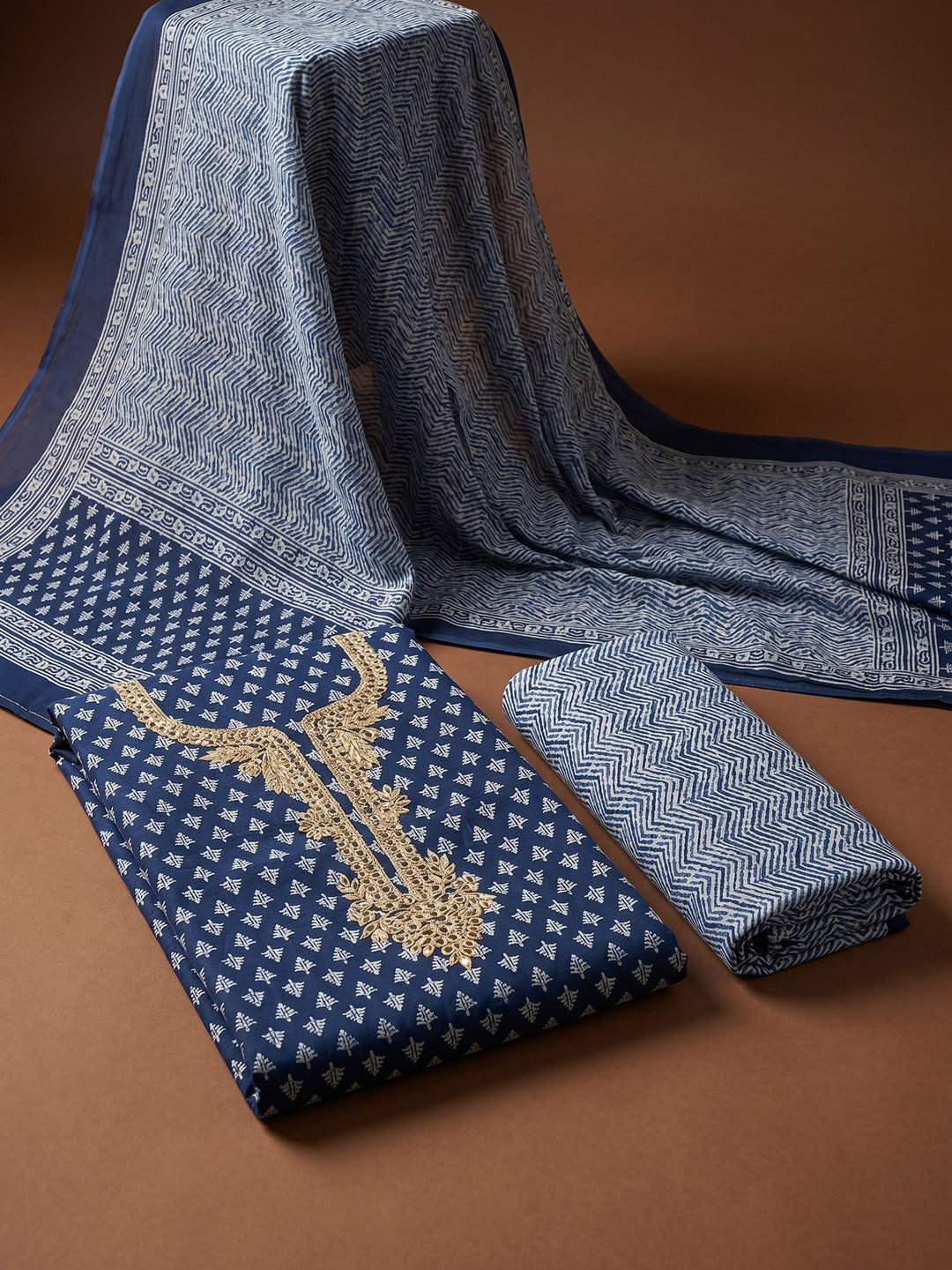 Blue Embroidered Chanderi Unstitched Suit &amp; Pant With Chanderi Dupatta