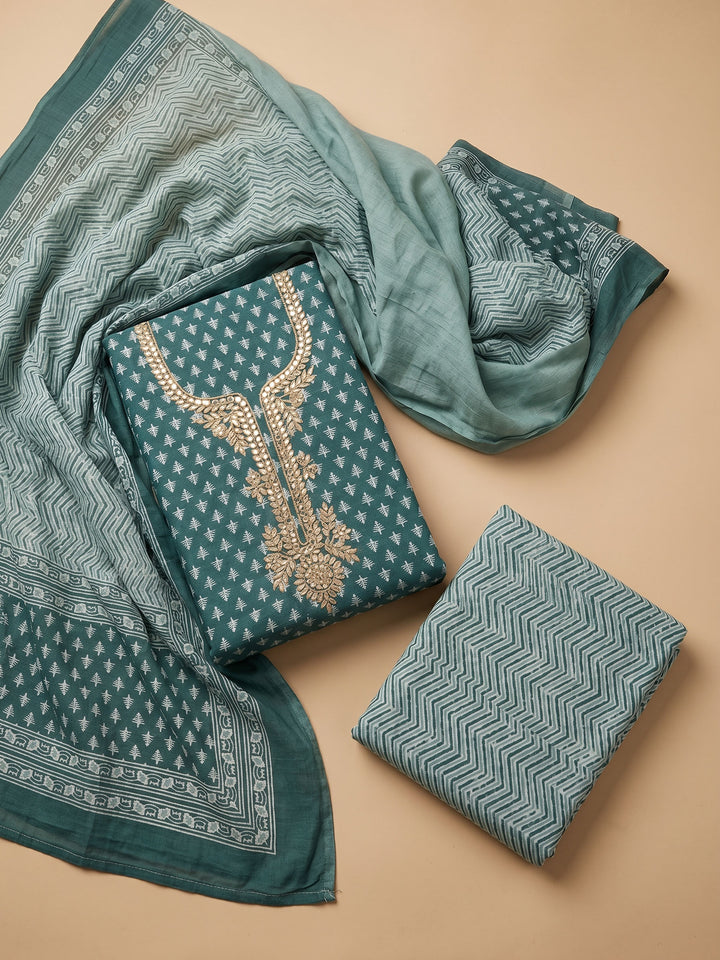 Green Embroidered Chanderi Unstitched Suit &amp; Pant With Chanderi Dupatta