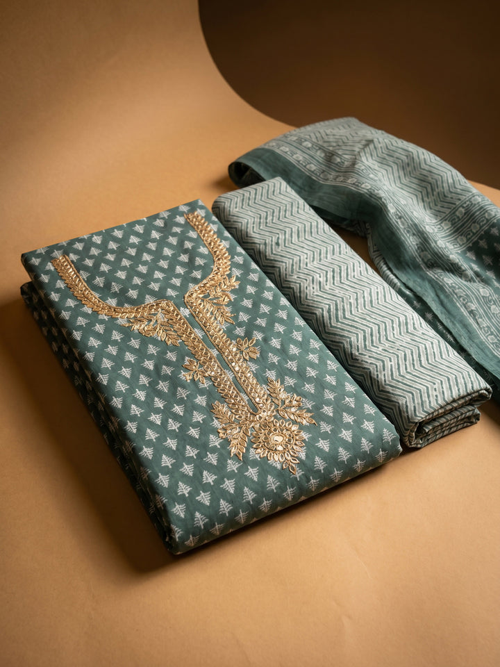 Green Embroidered Chanderi Unstitched Suit &amp; Pant With Chanderi Dupatta
