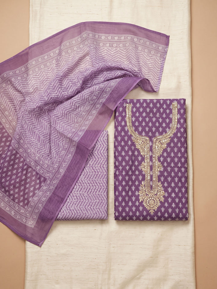 Purple Embroidered Chanderi Unstitched Suit &amp; Pant With Chanderi Dupatta