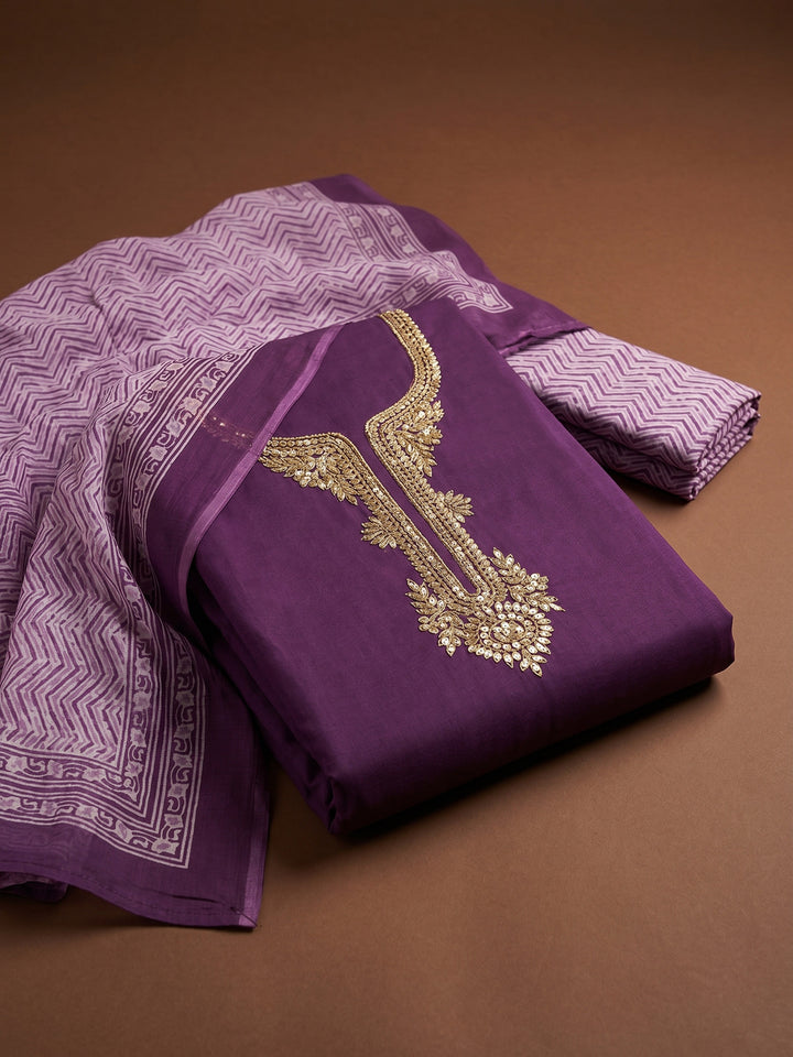 Purple Embroidered Chanderi Unstitched Suit &amp; Pant With Chanderi Dupatta