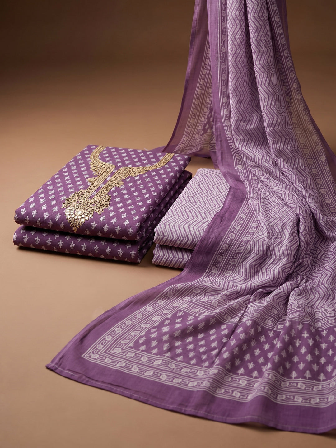 Purple Embroidered Chanderi Unstitched Suit &amp; Pant With Chanderi Dupatta