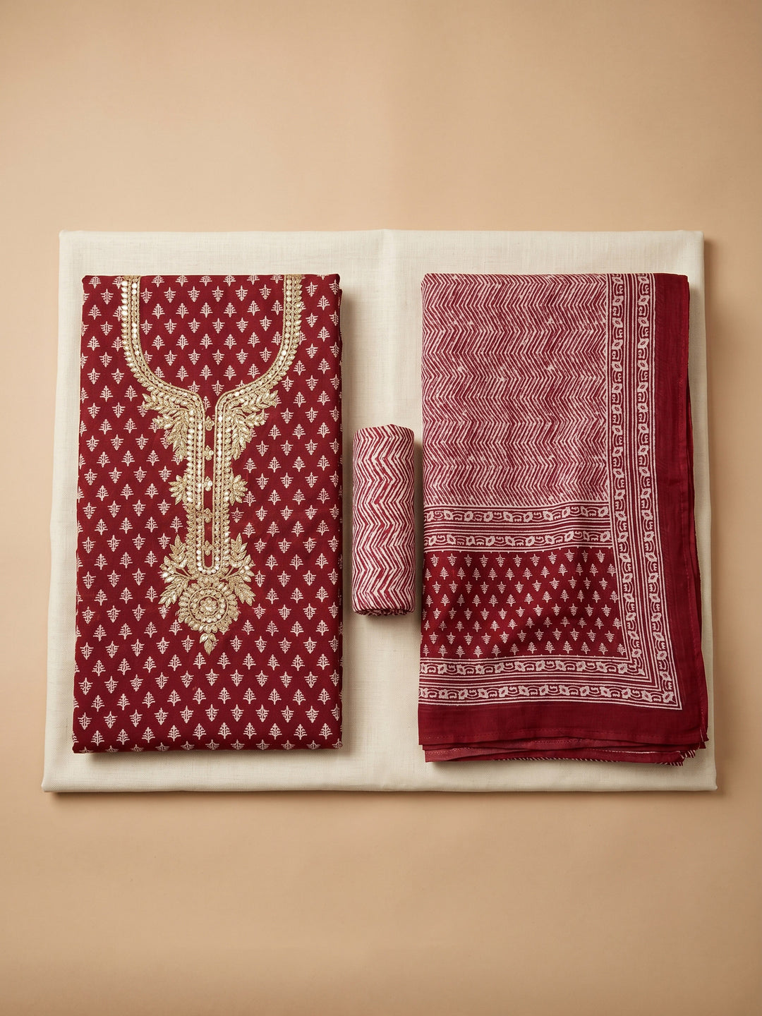 Red Embroidered Chanderi Unstitched Suit &amp; Pant With Chanderi Dupatta