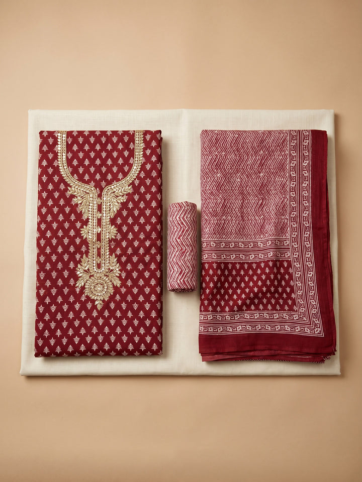 Red Embroidered Chanderi Unstitched Suit &amp; Pant With Chanderi Dupatta