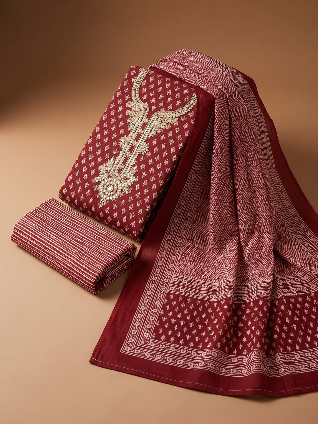 Red Embroidered Chanderi Unstitched Suit &amp; Pant With Chanderi Dupatta