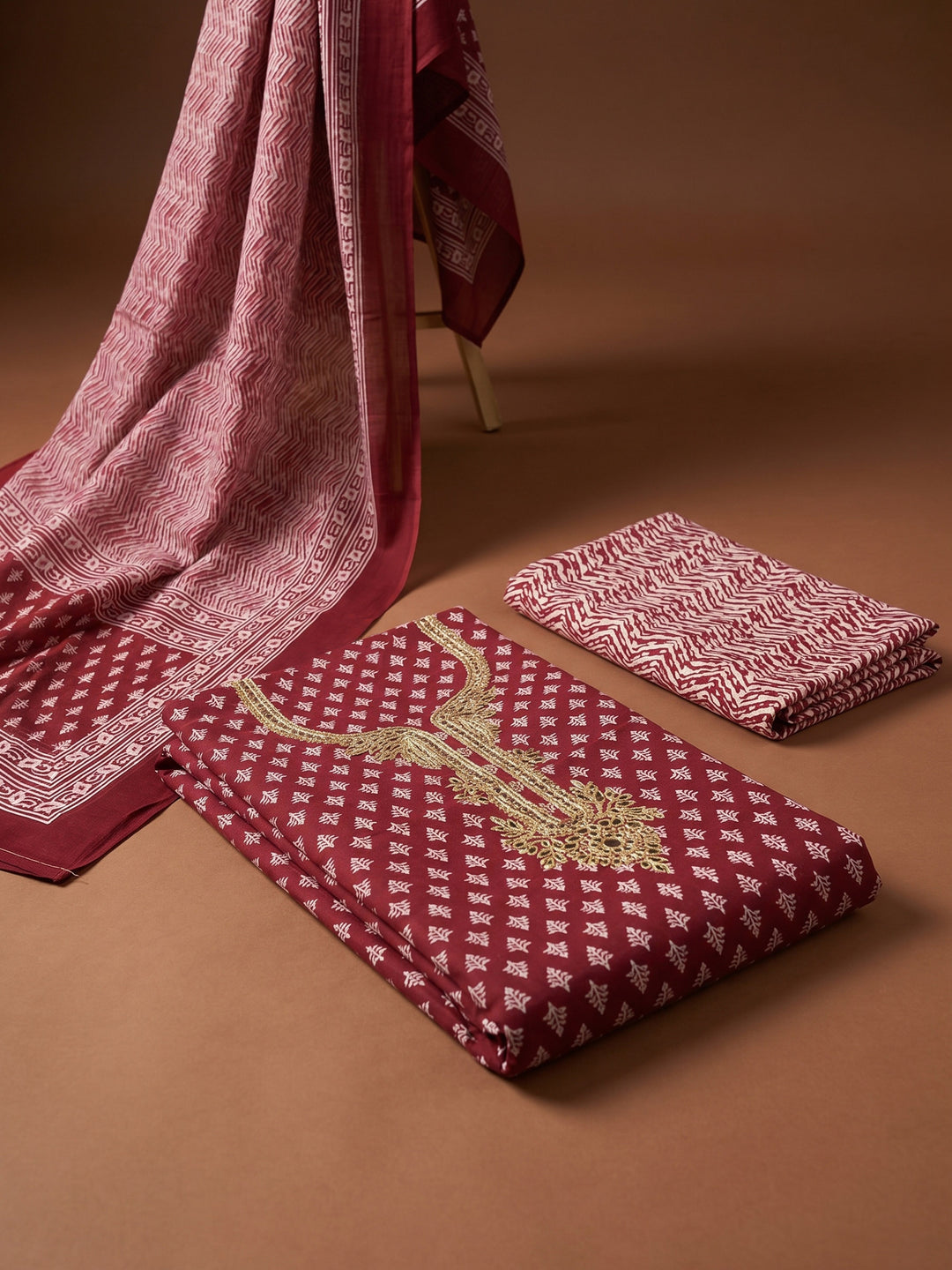 Red Embroidered Chanderi Unstitched Suit &amp; Pant With Chanderi Dupatta