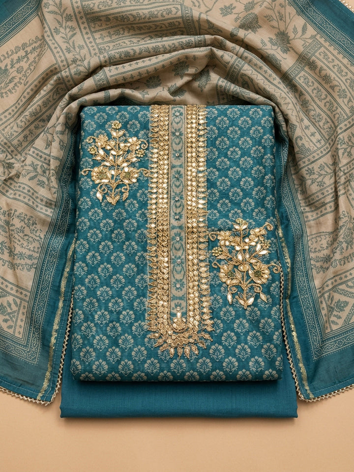 Blue Embroidery Chanderi Unstitched Dress Material