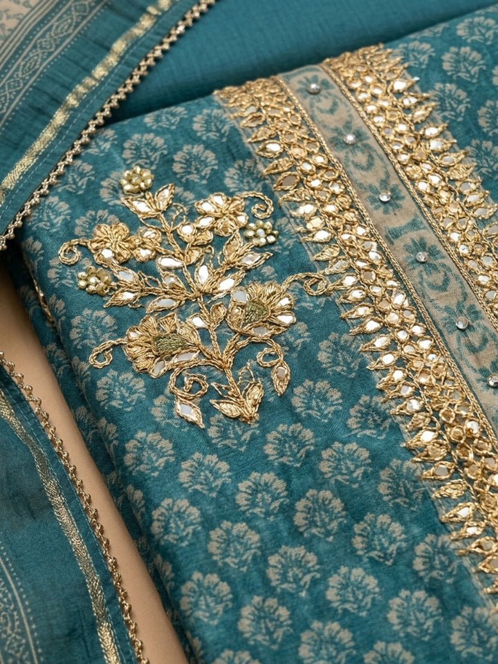 Blue Embroidery Chanderi Unstitched Dress Material
