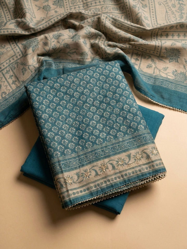 Blue Embroidery Chanderi Unstitched Dress Material