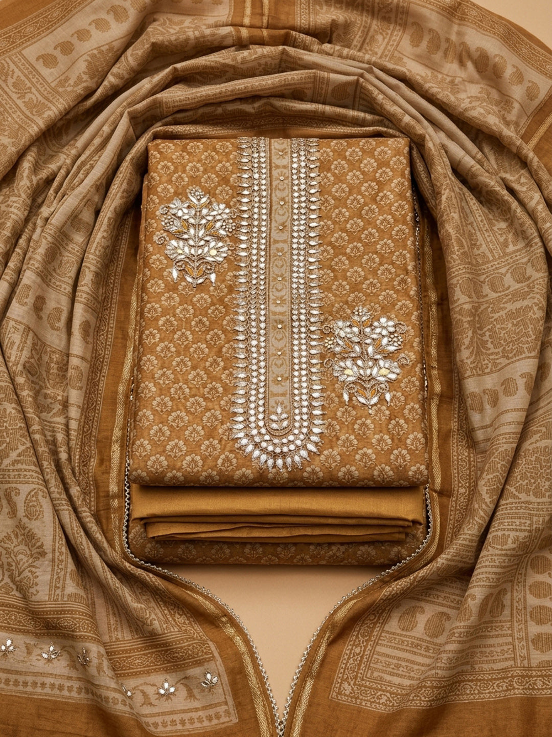 Gold Embroidery Chanderi Unstitched Dress Material