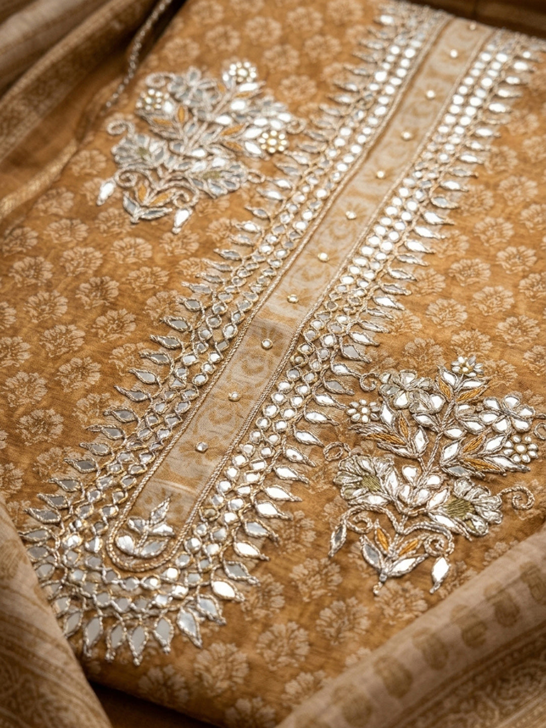 Gold Embroidery Chanderi Unstitched Dress Material