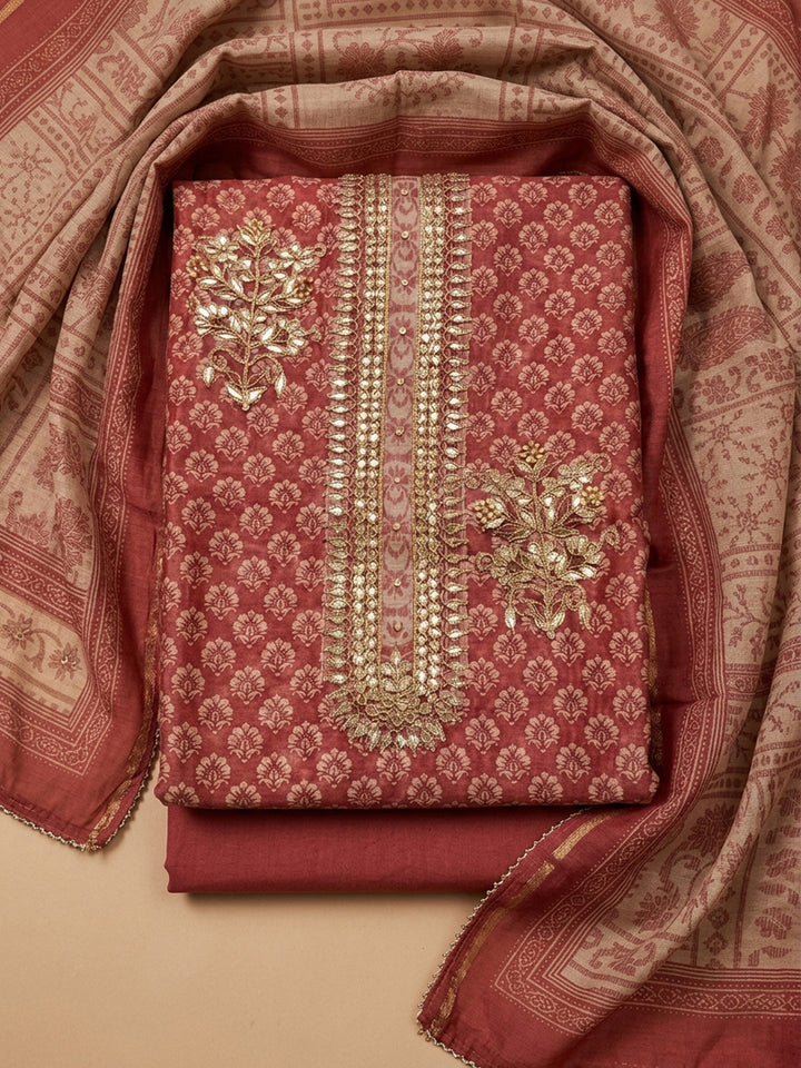 Onion Pink Embroidery Chanderi Unstitched Dress Material