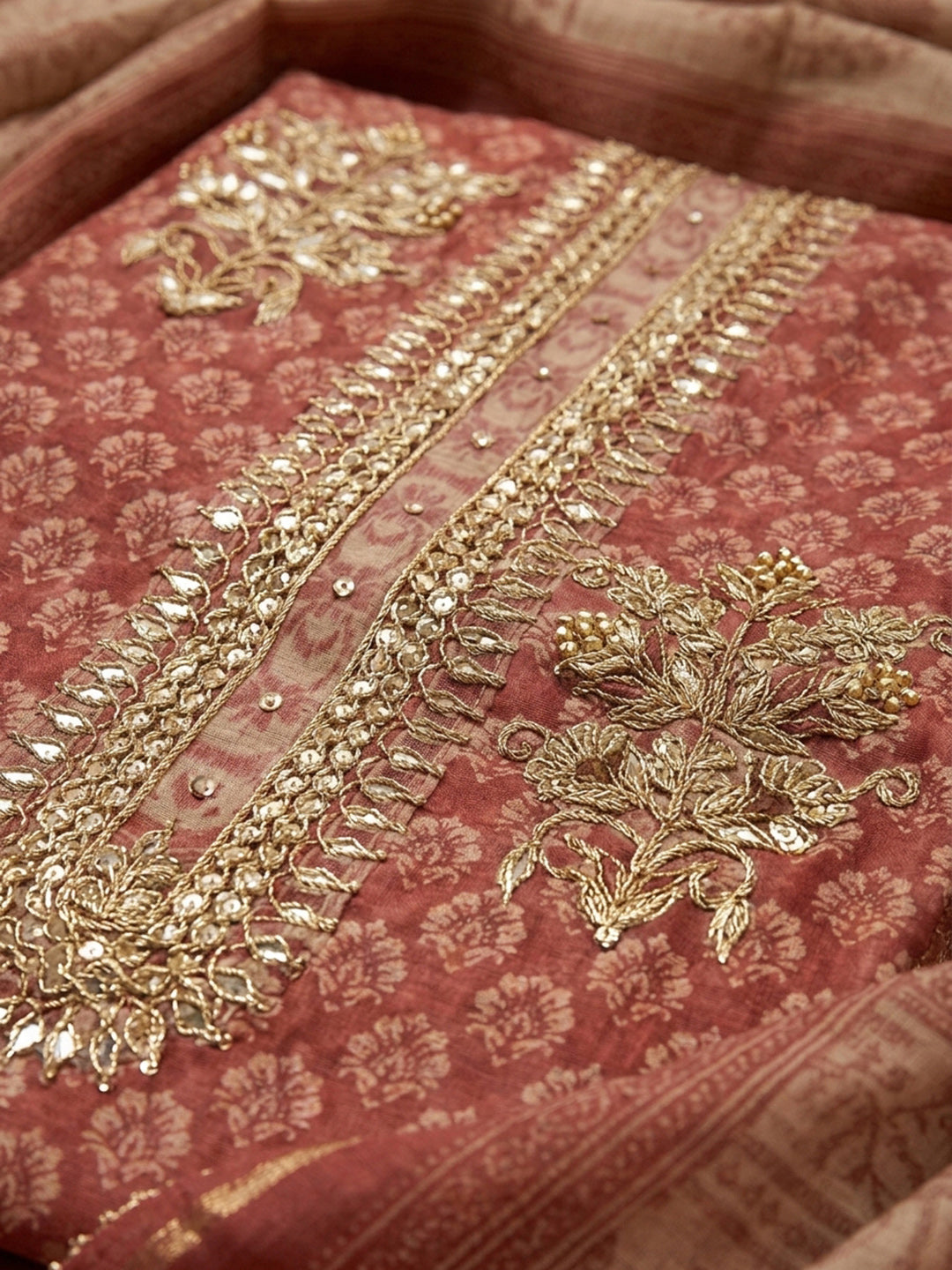 Onion Pink Embroidery Chanderi Unstitched Dress Material