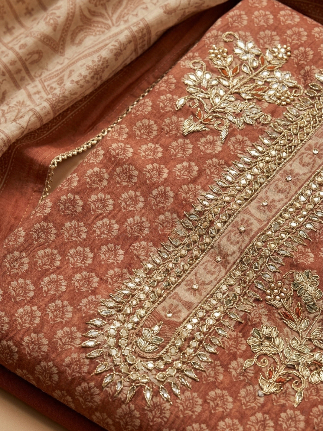 Rust Embroidery Chanderi Unstitched Dress Material
