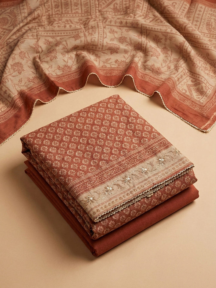 Rust Embroidery Chanderi Unstitched Dress Material