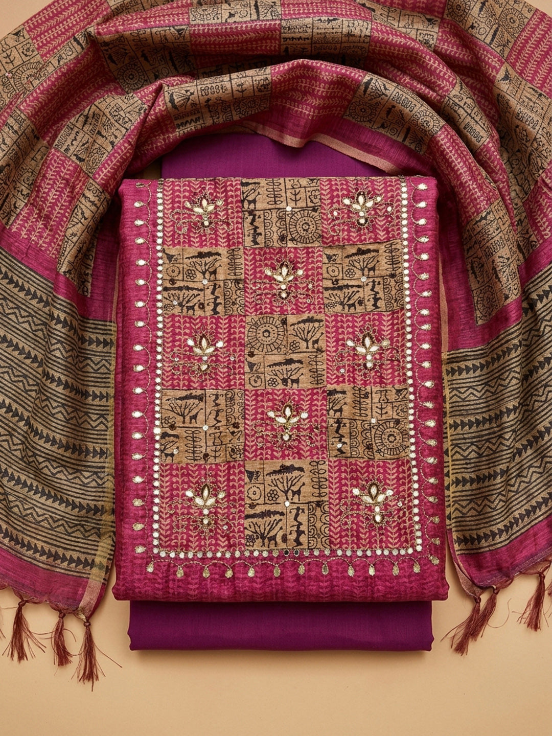Hot Pink Printed Chanderi Unstitched Dress Material