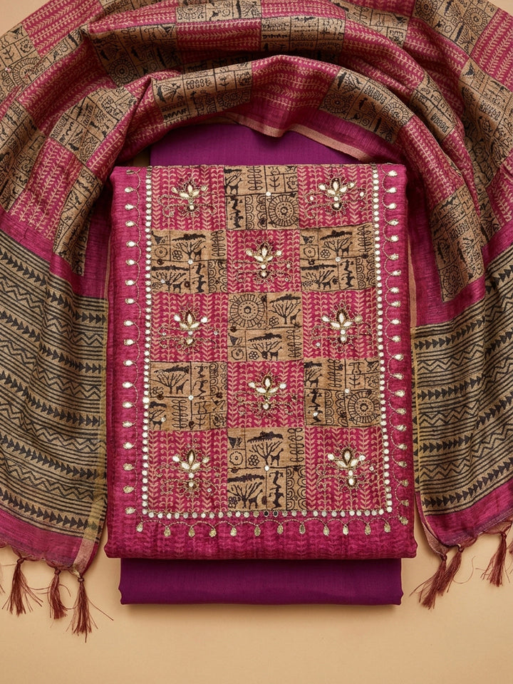 Hot Pink Printed Chanderi Unstitched Dress Material