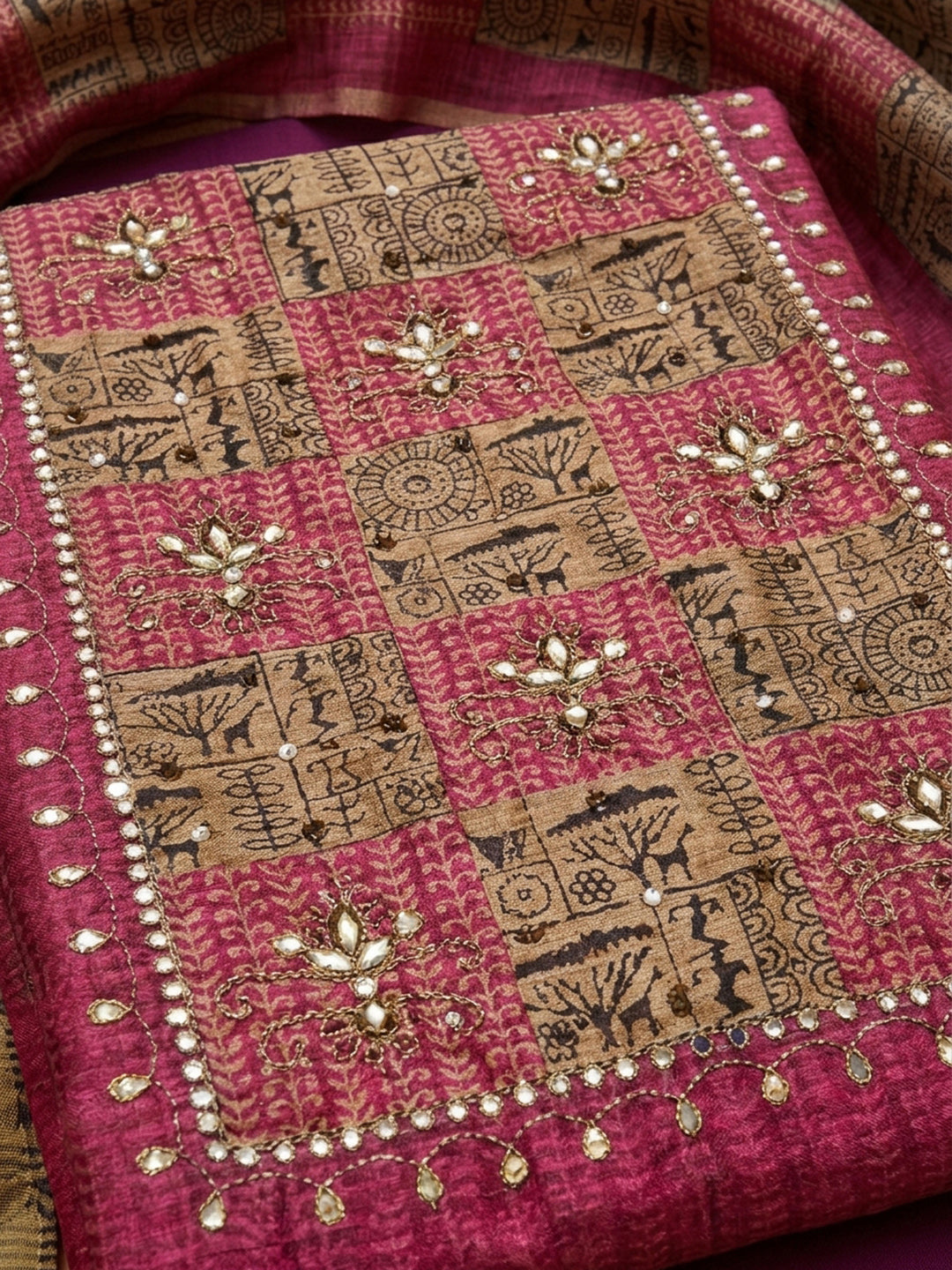 Hot Pink Printed Chanderi Unstitched Dress Material