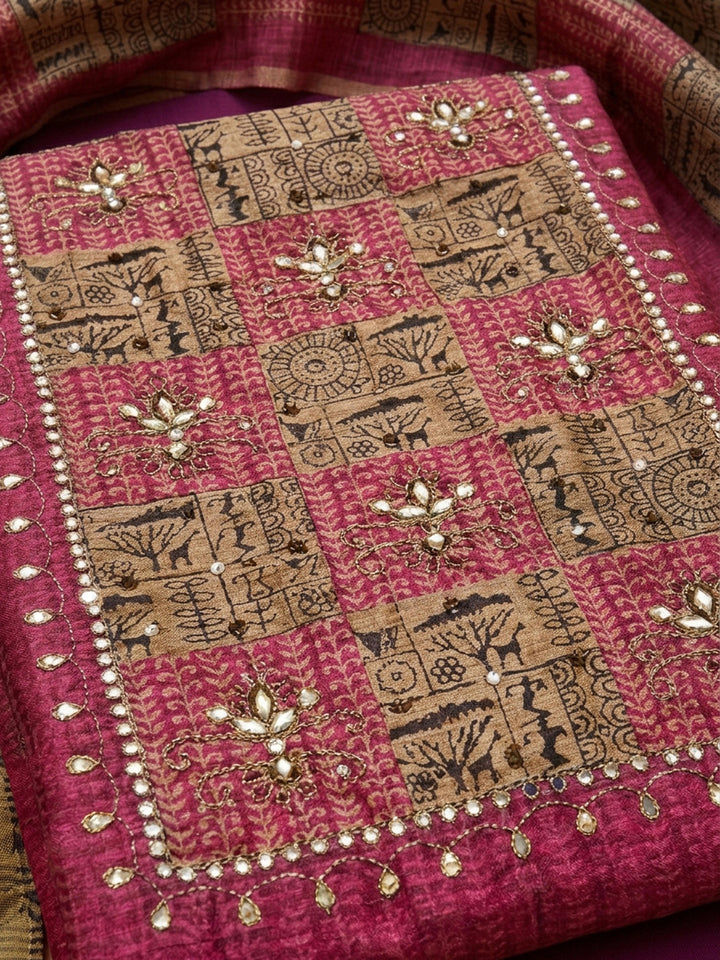 Hot Pink Printed Chanderi Unstitched Dress Material