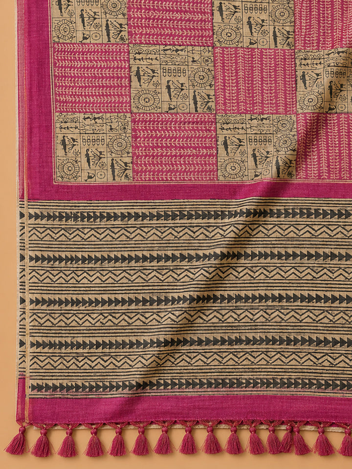 Hot Pink Printed Chanderi Unstitched Dress Material