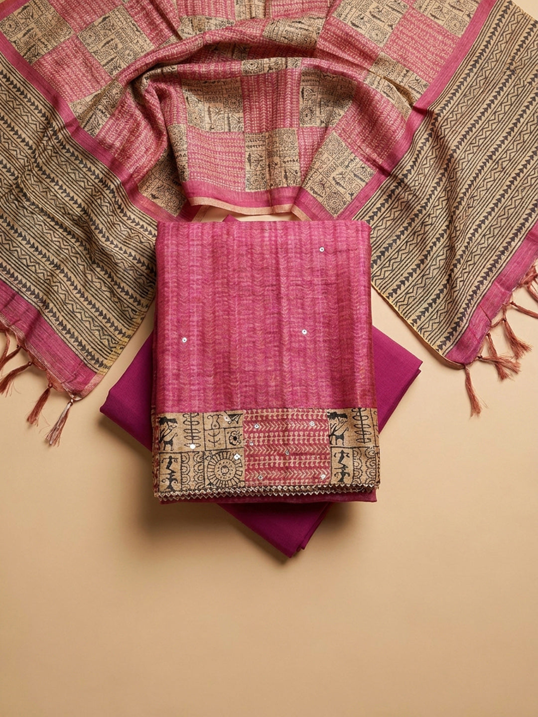 Hot Pink Printed Chanderi Unstitched Dress Material
