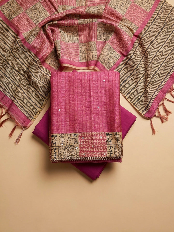 Hot Pink Printed Chanderi Unstitched Dress Material