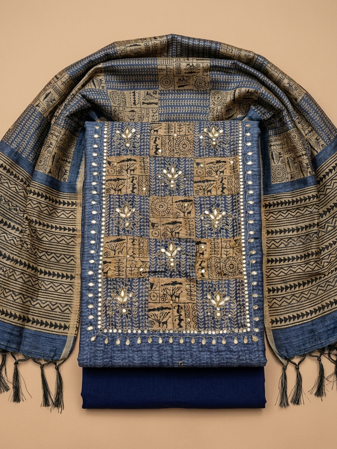 Navy Blue Printed Chanderi Unstitched Dress Material