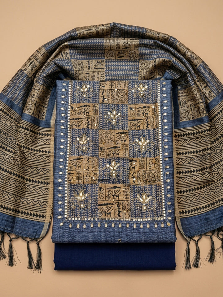 Navy Blue Printed Chanderi Unstitched Dress Material