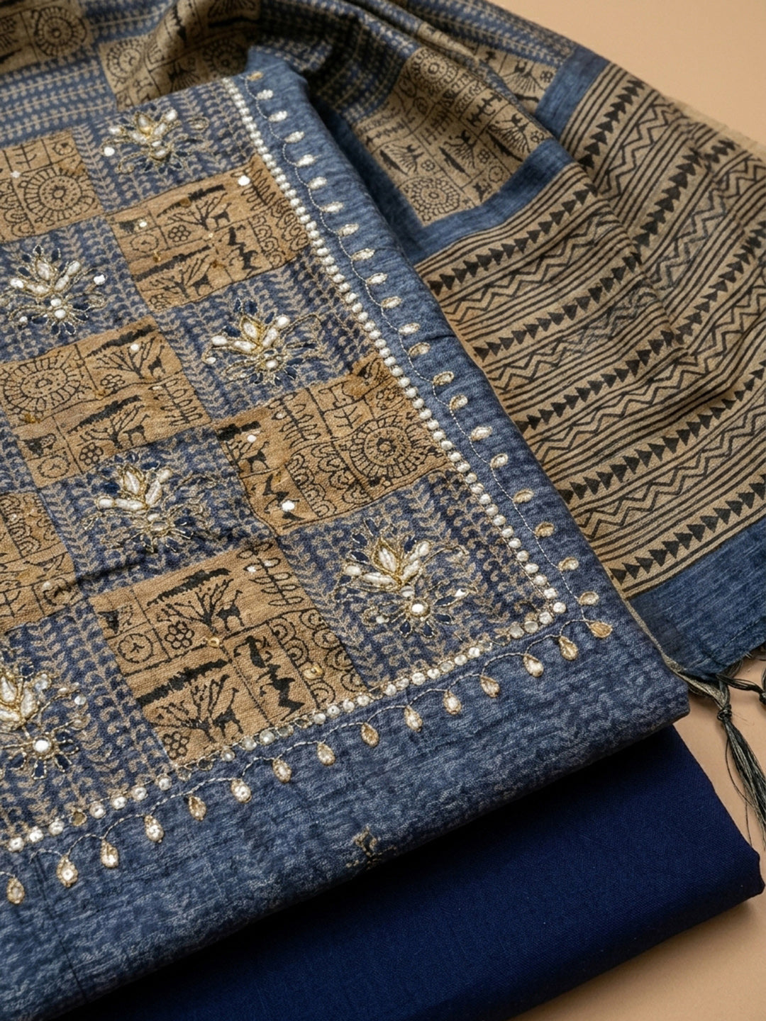 Navy Blue Printed Chanderi Unstitched Dress Material