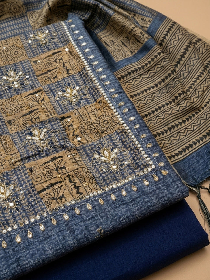 Navy Blue Printed Chanderi Unstitched Dress Material
