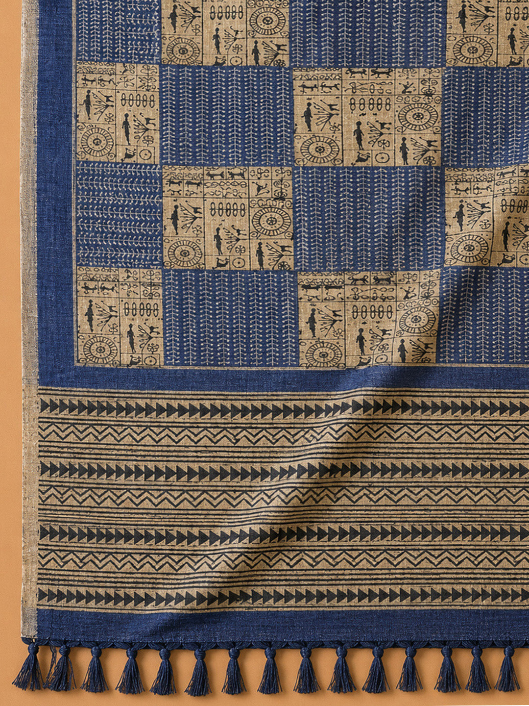Navy Blue Printed Chanderi Unstitched Dress Material