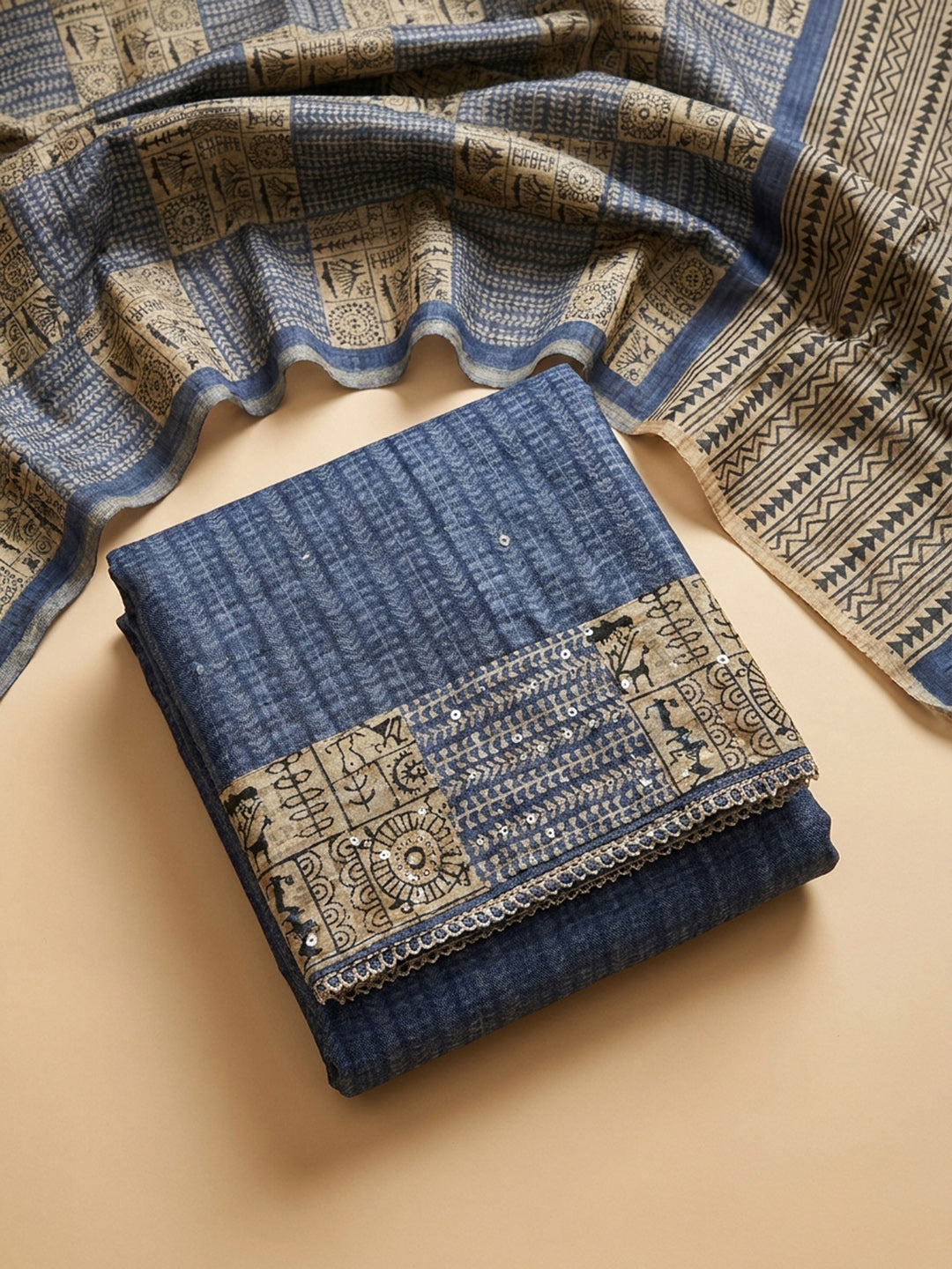 Navy Blue Printed Chanderi Unstitched Dress Material