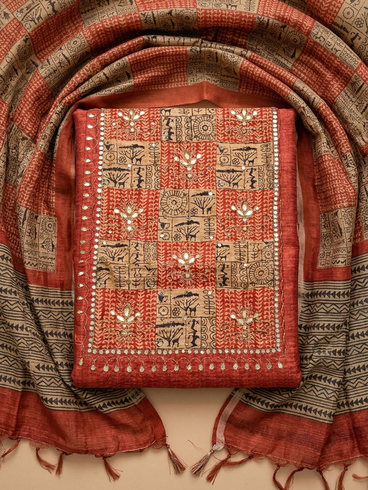 Red Printed Chanderi Unstitched Dress Material